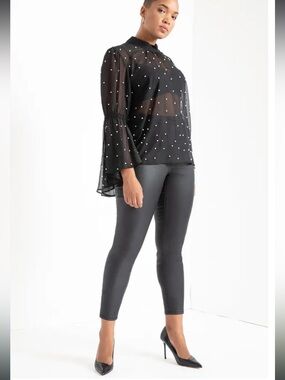 ELOQUII Black Mock Neck Pearl Embellished Sheer Blouse Sz 22 NWT